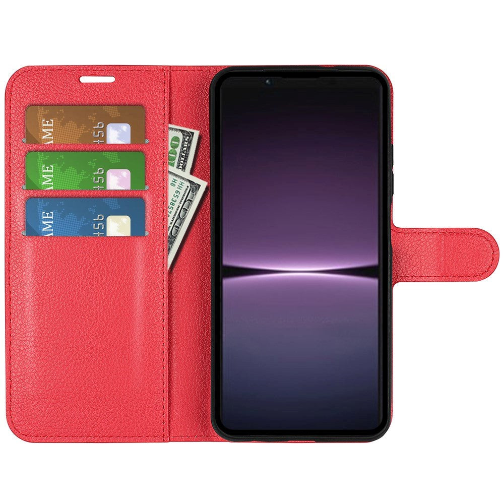 Sony Xperia 1 V Litchi Leather Flip Cover m. Lommebok - Rød