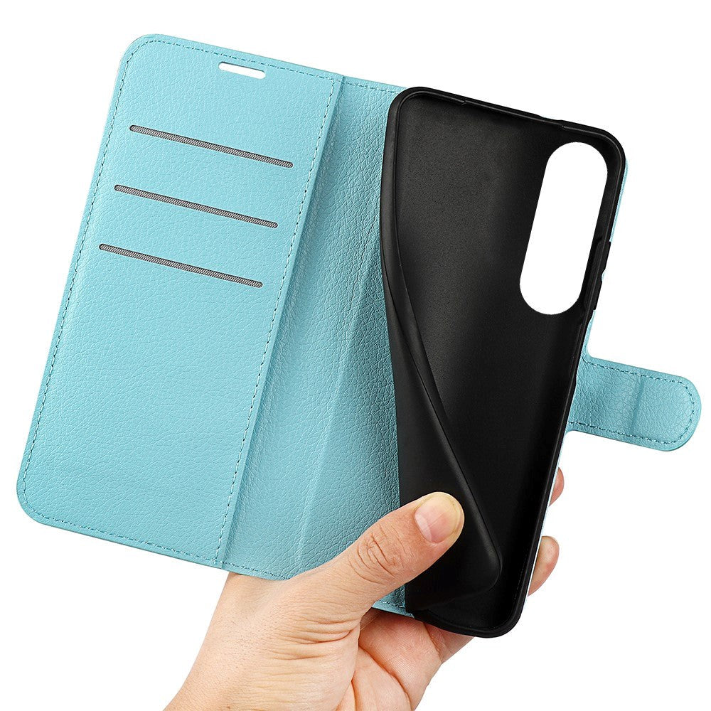 Sony Xperia 1 V Litchi Leather Flip Cover m. Lommebok - Lyseblå