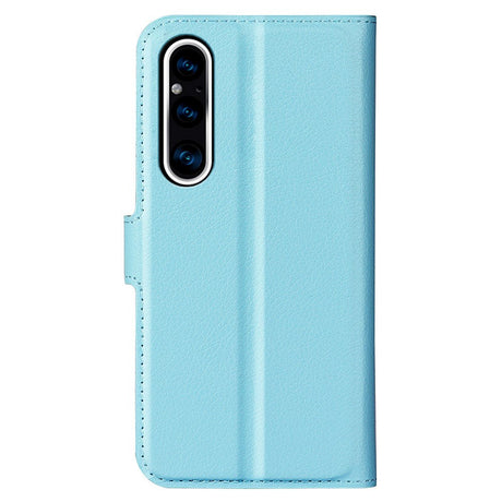 Sony Xperia 1 V Litchi Leather Flip Cover m. Lommebok - Lyseblå
