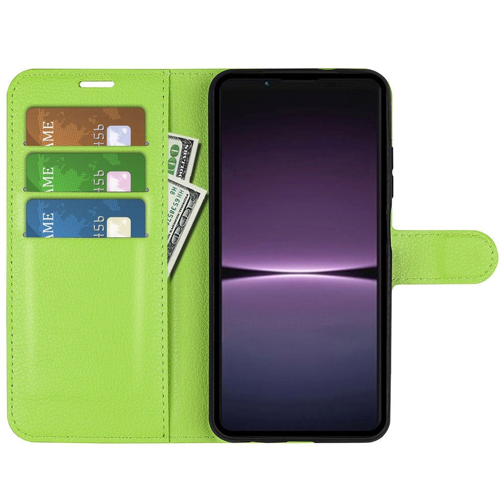 Sony Xperia 1 V Litchi Leather Flip Cover m. Lommebok - Grønn