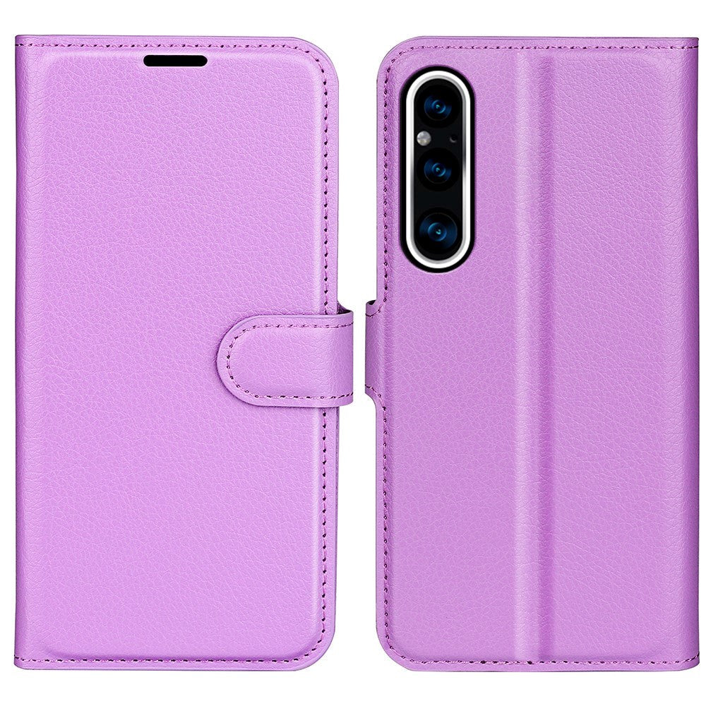 Sony Xperia 1 V Litchi Leather Flip Cover m. Lommebok - Lilla