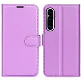 Sony Xperia 1 V Litchi Leather Flip Cover m. Lommebok - Lilla