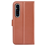 Sony Xperia 1 V Litchi Leather Flip Cover m. Lommebok - Brun