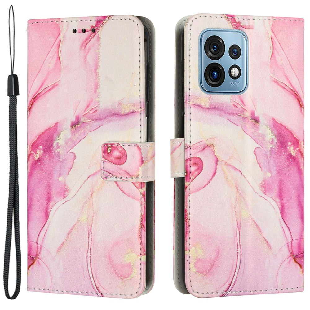 Motorola Edge 40 Pro Soft Leather Flip Cover m. Lommebok og stropp - Marmor - Rosa