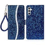 Samsung Galaxy A24 Leather Flip Cover m. Lommebok og stropp - Glitter Design - Blå