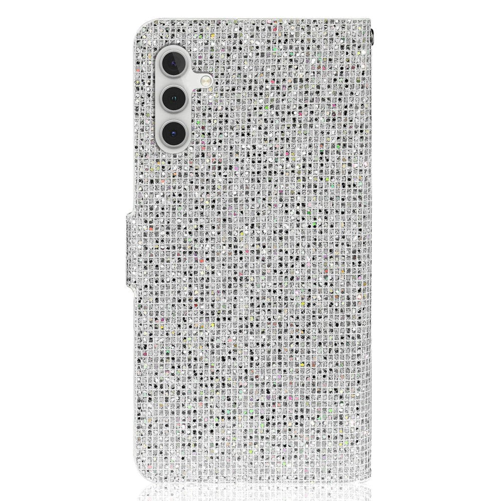 Samsung Galaxy A24 Leather Flip Cover m. Lommebok og stropp - Glitter Design - Sølv