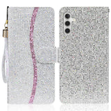 Samsung Galaxy A24 Leather Flip Cover m. Lommebok og stropp - Glitter Design - Sølv
