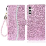 Samsung Galaxy A24 Leather Flip Cover m. Lommebok og stropp - Glitter Design - Rosa