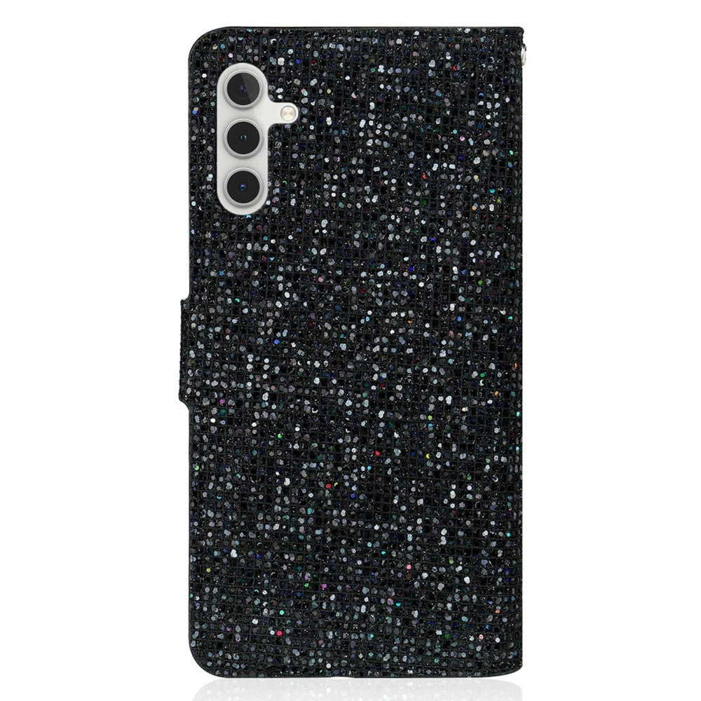 Samsung Galaxy A34 (5G) Flip-deksel i lær m. Veske og stropp - Glitter Design - Svart