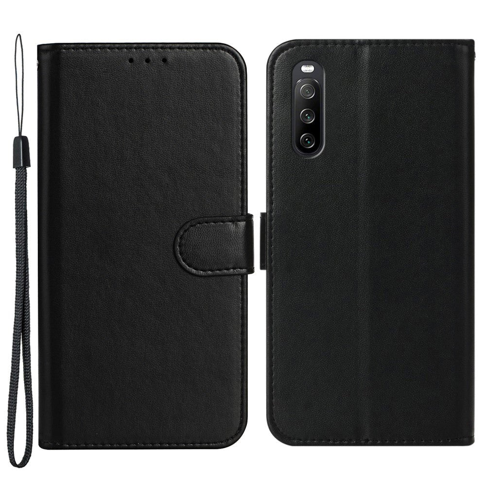 Sony Xperia 10 V Læder Flip Cover m. Pung og Strop - Sort