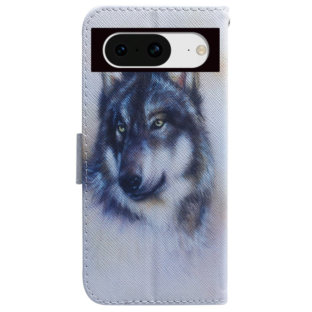 Google Pixel 8 Leather Flip Cover m. Lommebok og trykk - Wolf