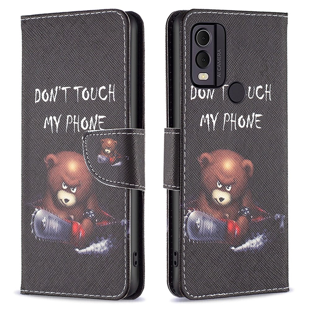 Nokia C22 Leather Flip Cover m. Pung &amp; Print - "Don't Touch My Phone" Bjørn