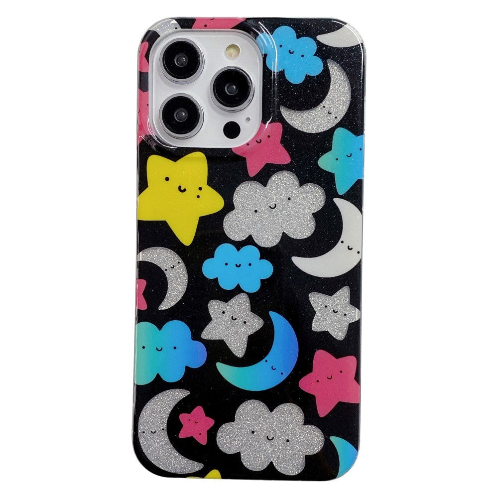 iPhone 14 Pro Glitter Plastic Bakdeksel - Svart / Stars &amp; Moons
