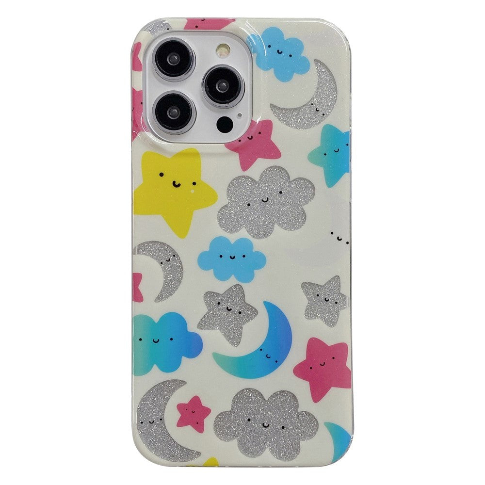 iPhone 14 Pro Glitter Plastic Bakdeksel - Hvit / Stars &amp; Moons