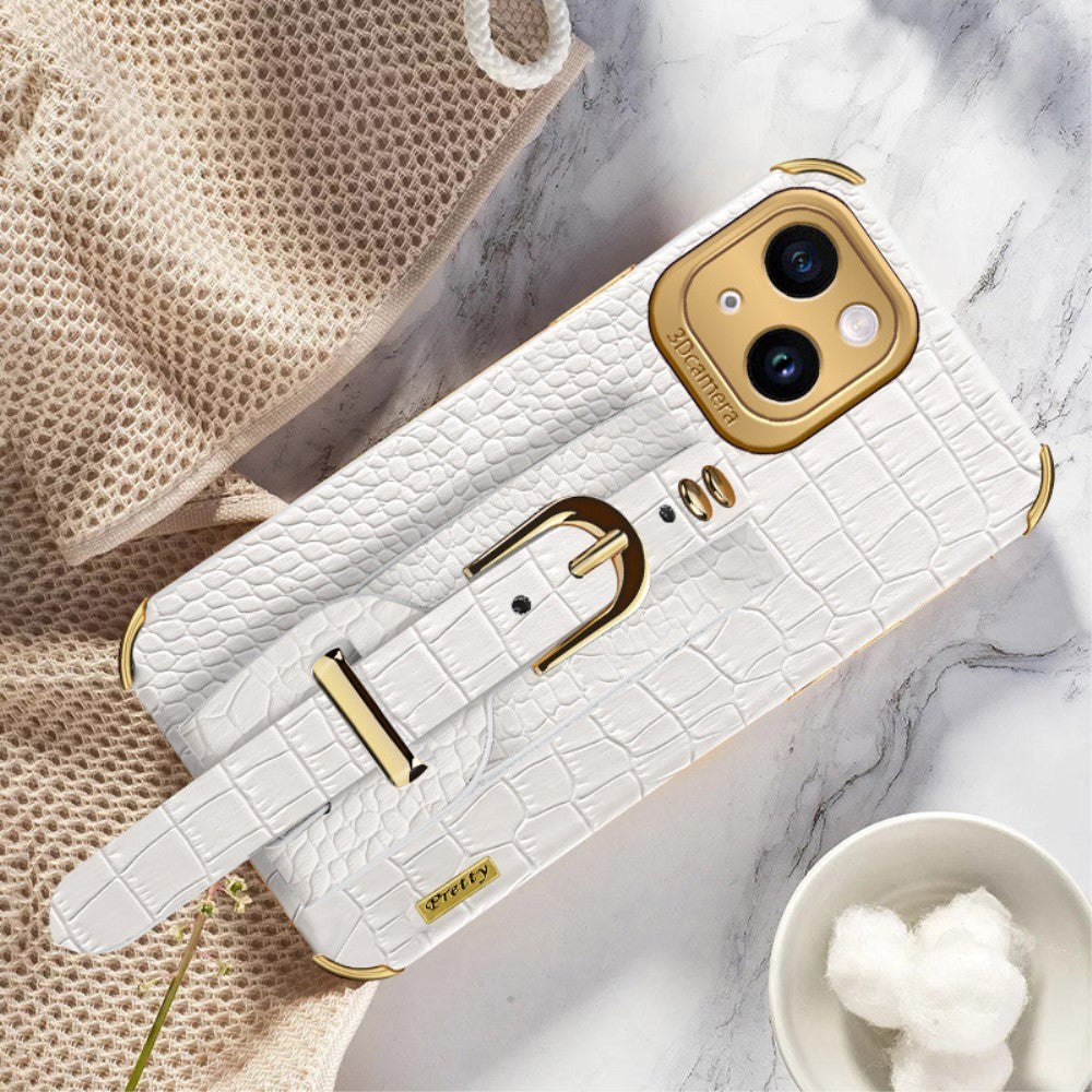 iPhone 14 Krokodilleskinn bakdeksel m. Innebygd stropp - Hvit