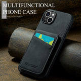 iPhone 14 Skinnbelagt plastbakdeksel m. Kortholdere og stativfunksjon - Sort