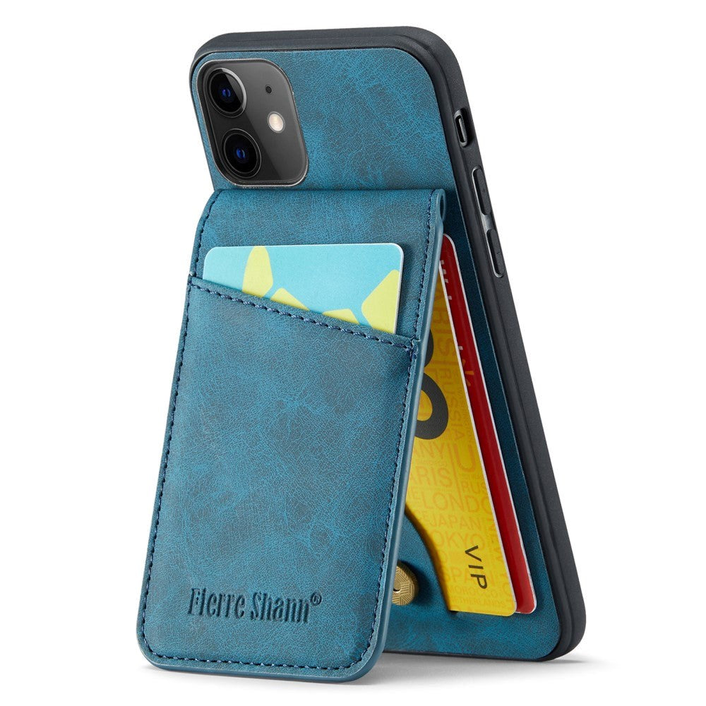 iPhone 11 Læderbelagt Plastik Bagside Cover m. Kortholdere og Ståfunktion - Blå