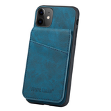 iPhone 11 Læderbelagt Plastik Bagside Cover m. Kortholdere og Ståfunktion - Blå