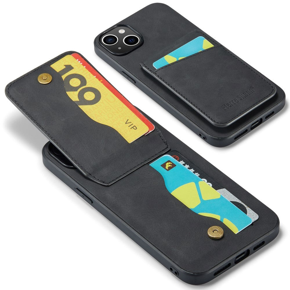 iPhone 13 skinnbelagt plastbakdeksel m. Kortholdere og stativfunksjon - Sort