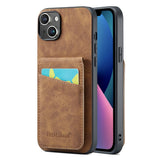 iPhone 13 skinnbelagt plastbakdeksel m. Kortholdere og stativfunksjon - brun