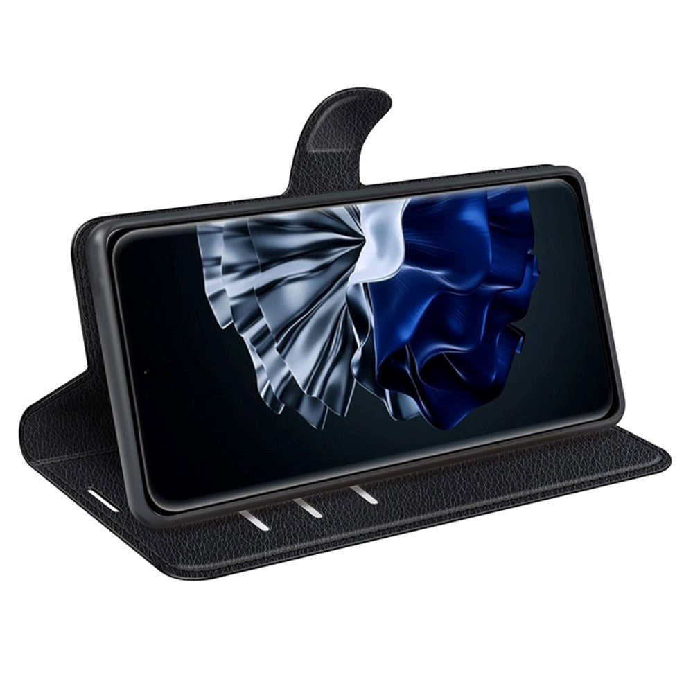 Huawei P60 Pro Litchi Leather Flip Cover m. Lommebok - Svart