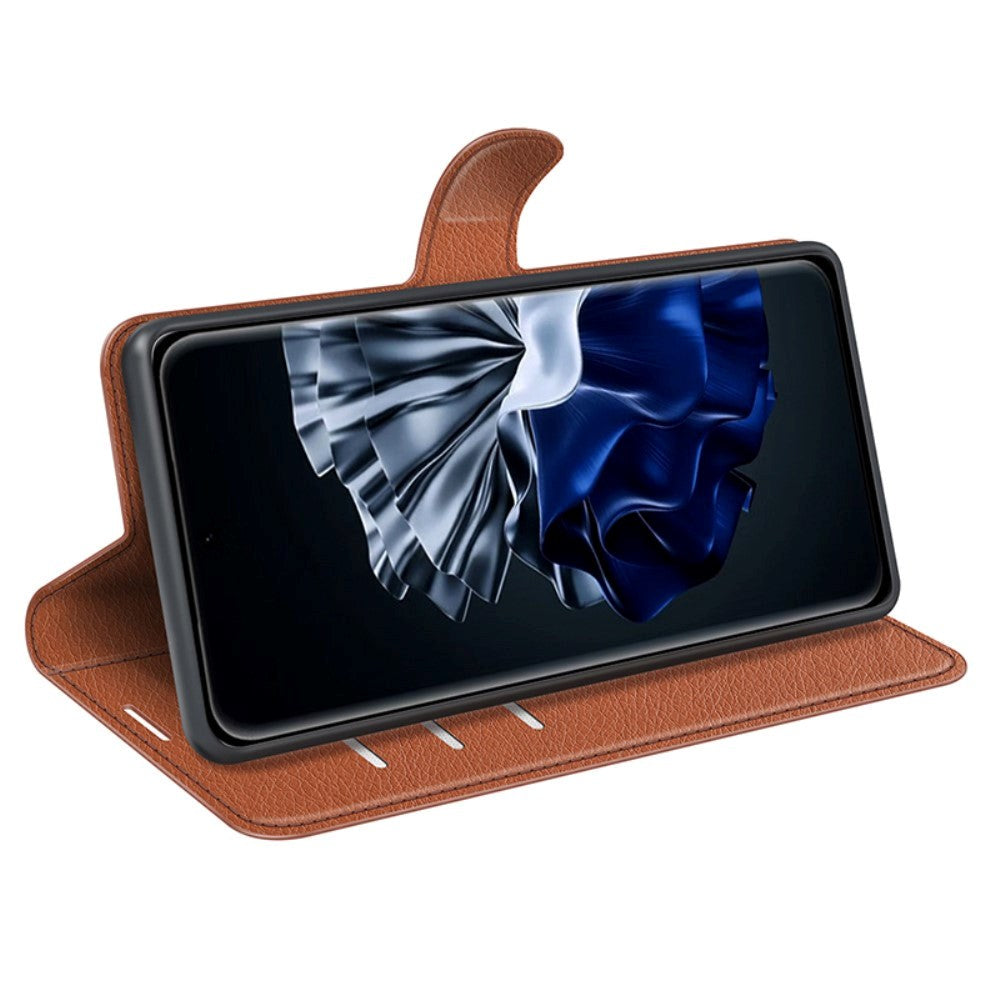 Huawei P60 Pro Litchi Leather Flip Cover m. Lommebok - Brun