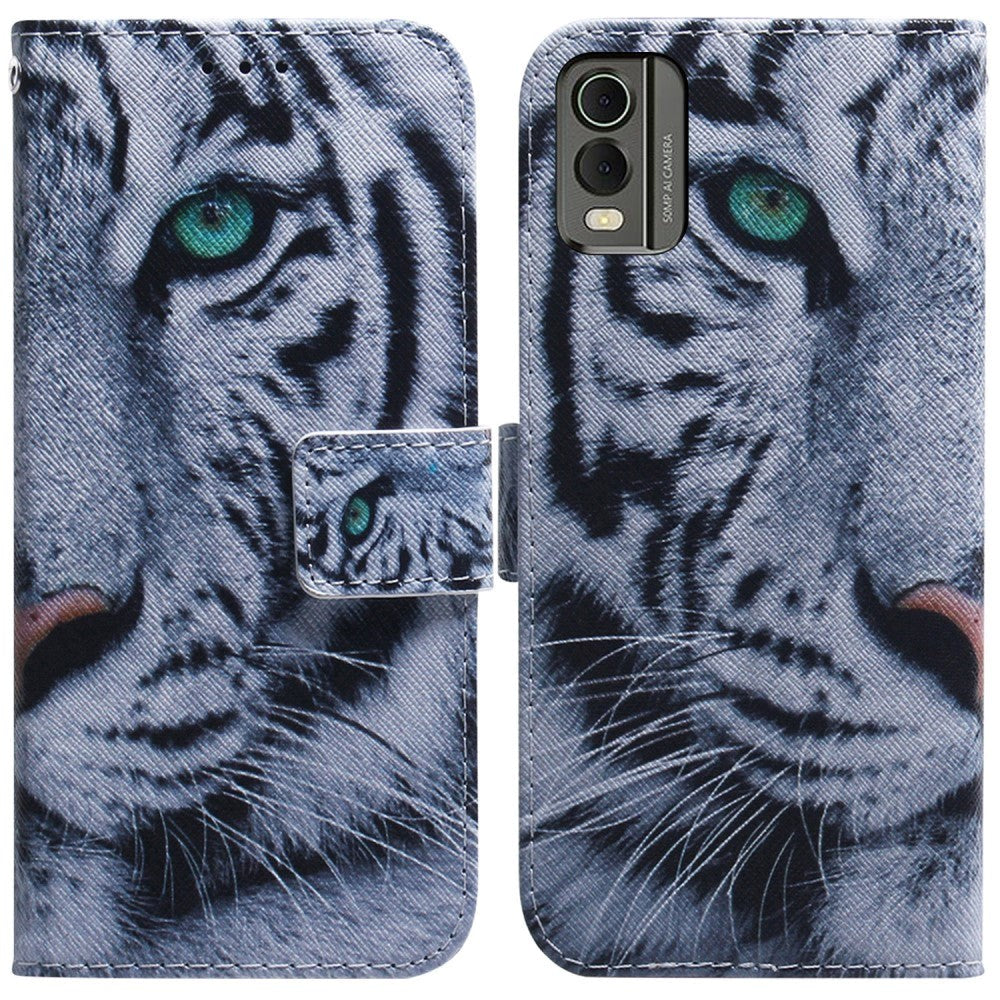 Nokia C32 Leather Flip Cover m. Lommebok og trykk - Tiger