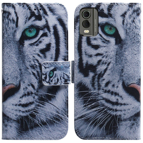 Nokia C32 Leather Flip Cover m. Lommebok og trykk - Tiger