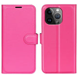 iPhone 15 Pro Max Litchi Leather Flip Cover m. Lommebok - Rosa