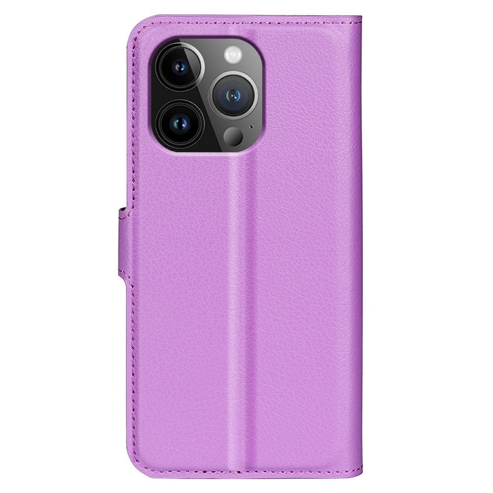 iPhone 15 Pro Max Litchi Leather Flip Cover m. Lommebok - Lilla