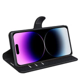 iPhone 15 Pro Litchi Leather Flip Cover m. Lommebok - Svart