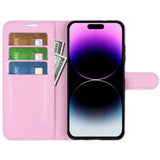 iPhone 15 Pro Litchi Leather Flip Cover m. Lommebok - Rosa