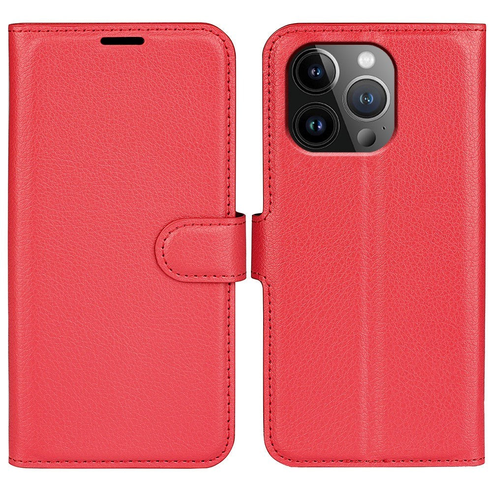 iPhone 15 Pro Litchi Leather Flip Cover m. Lommebok - Rød
