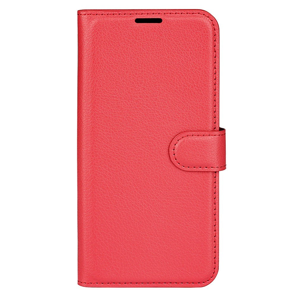 iPhone 15 Pro Litchi Leather Flip Cover m. Lommebok - Rød