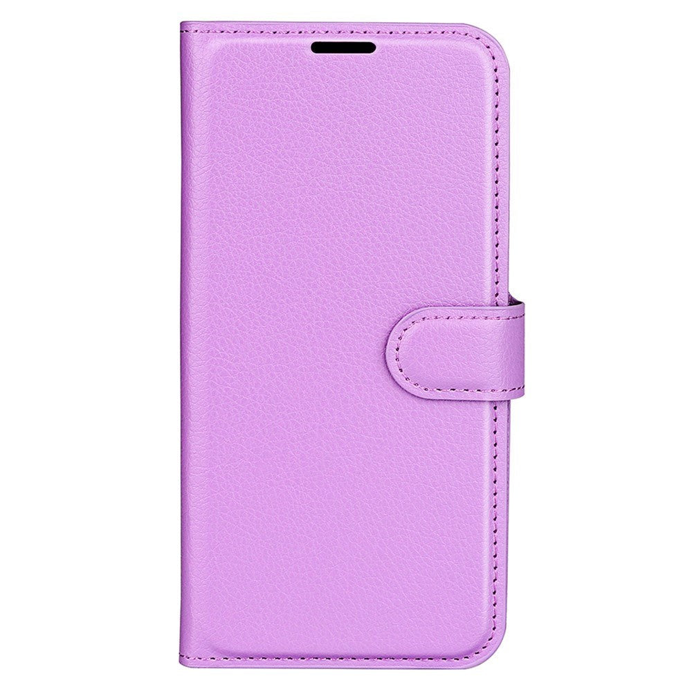 iPhone 15 Pro Litchi Leather Flip Cover m. Lommebok - Lilla