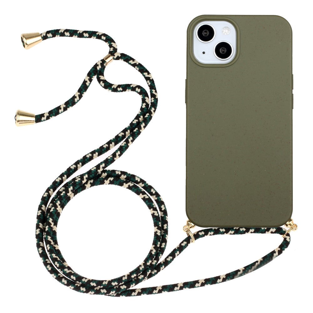 iPhone 15 Plus fleksibelt plastdeksel m. Snor / stropp - Army Green