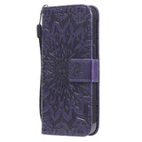 iPhone 15 Leather Flip Cover m. Veske og stropp - Mandala Flower - Lilla