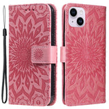 iPhone 15 Plus Leather Flip Cover m. Lommebok og stropp - Mandala Flower - Rosa