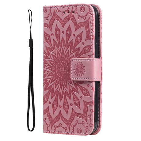 iPhone 15 Plus Leather Flip Cover m. Lommebok og stropp - Mandala Flower - Rosa