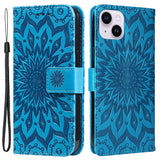 iPhone 15 Plus Leather Flip Cover m. Lommebok og stropp - Mandala Flower - Blå