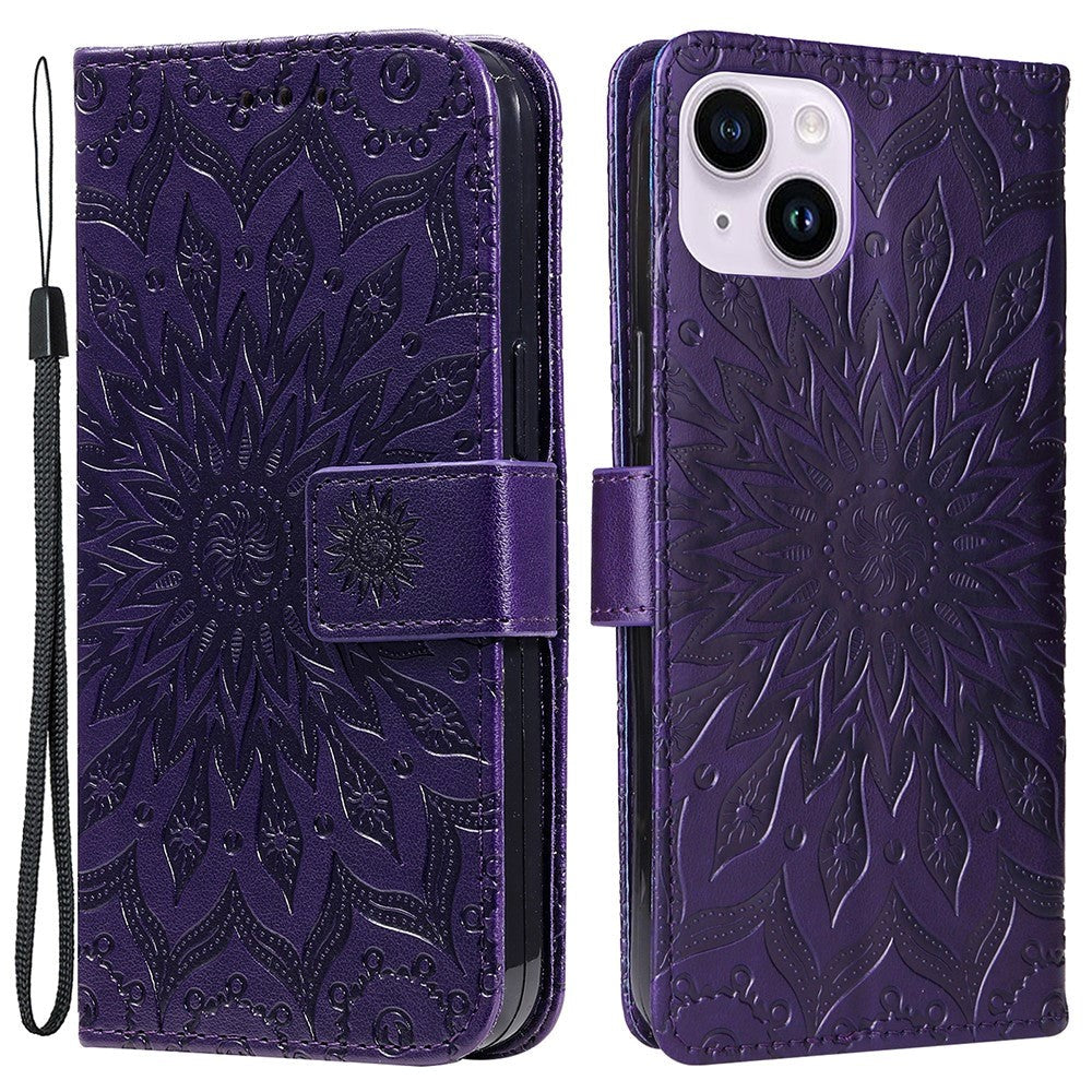 iPhone 15 Leather Flip Cover m. Veske og stropp - Mandala Flower - Lilla