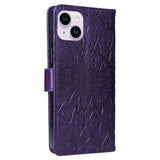 iPhone 15 Leather Flip Cover m. Veske og stropp - Mandala Flower - Lilla