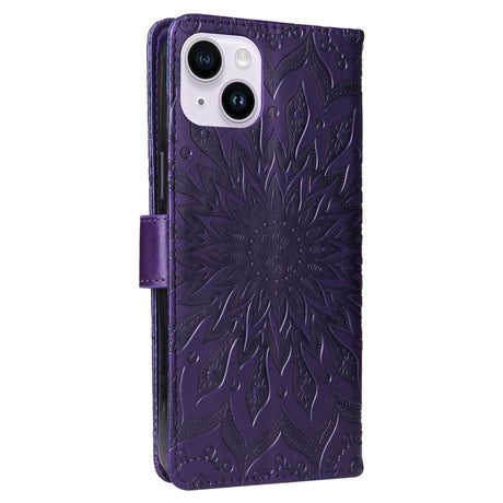 iPhone 15 Leather Flip Cover m. Veske og stropp - Mandala Flower - Lilla