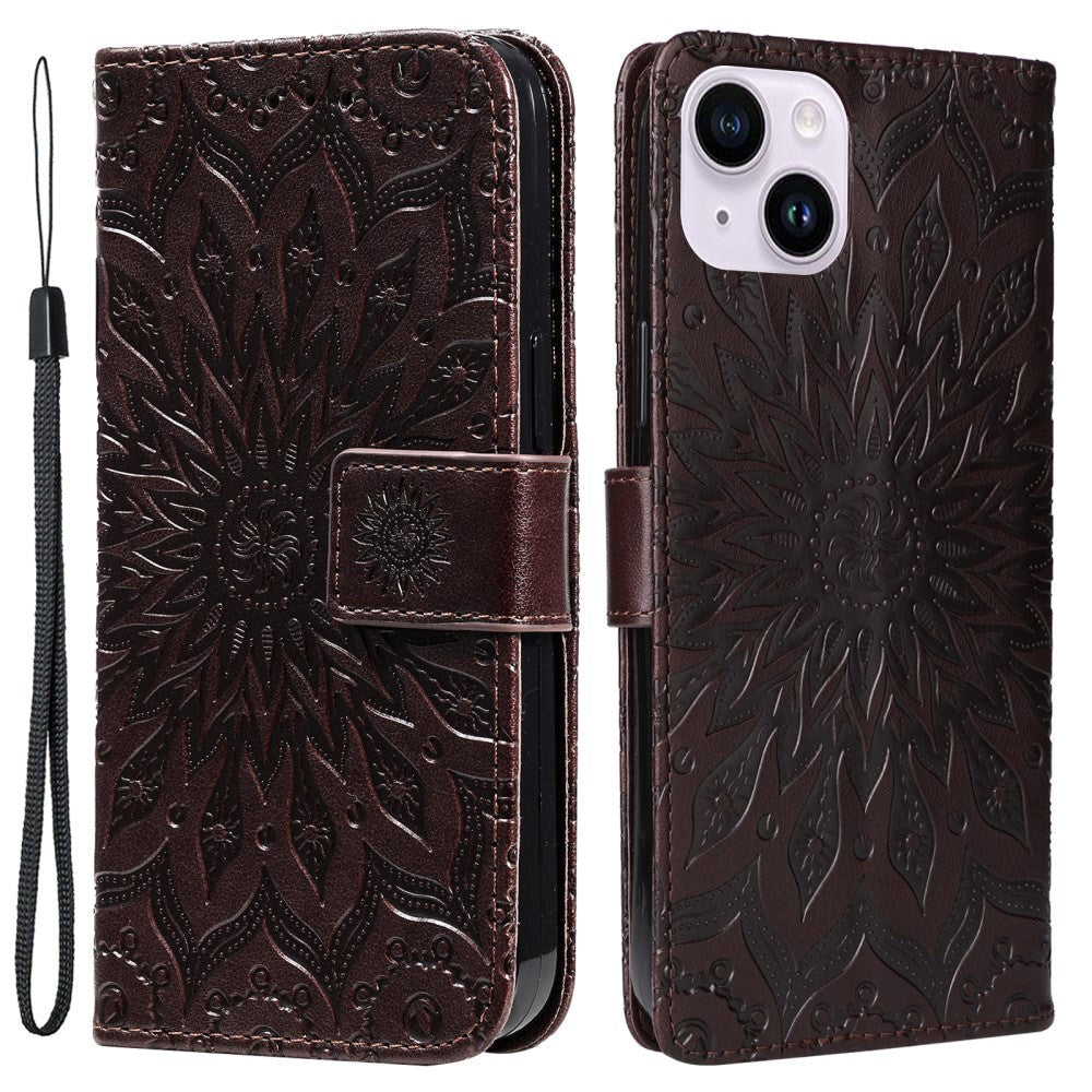 iPhone 15 Plus Leather Flip Cover m. Lommebok og stropp - Mandala Flower - Brun