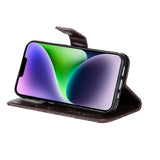 iPhone 15 Plus Leather Flip Cover m. Lommebok og stropp - Mandala Flower - Brun