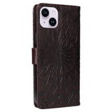 iPhone 15 Plus Leather Flip Cover m. Lommebok og stropp - Mandala Flower - Brun
