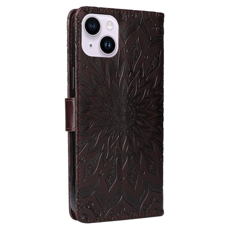 iPhone 15 Plus Leather Flip Cover m. Lommebok og stropp - Mandala Flower - Brun