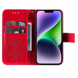 iPhone 15 Plus Leather Flip Cover m. Lommebok og stropp - Mandala Blomst - Rød