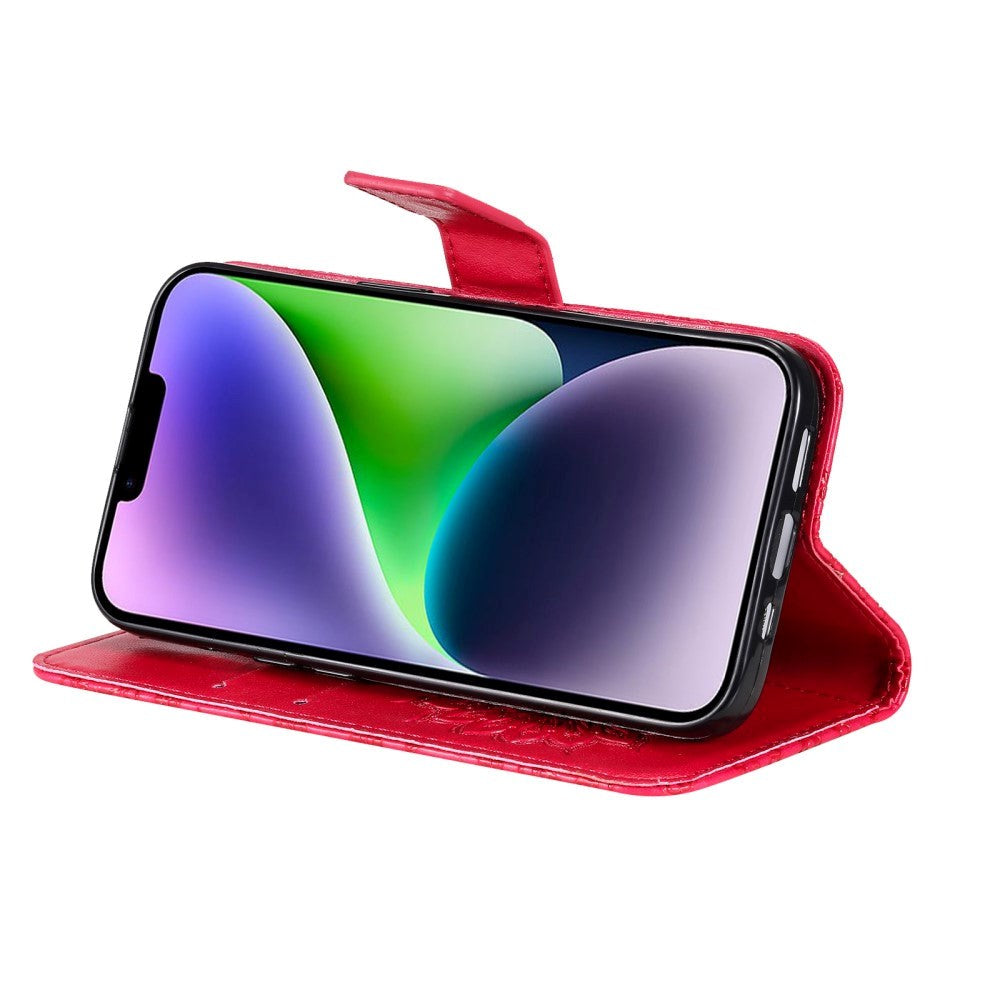 iPhone 15 Plus Leather Flip Cover m. Lommebok og stropp - Mandala Blomst - Rød