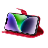 iPhone 15 Plus Leather Flip Cover m. Lommebok og stropp - Mandala Blomst - Rød